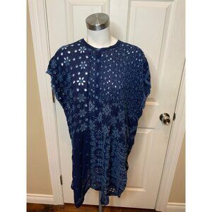 Johnny Was Winnie Blue Floral Eyelet Short Sleeve Tunic, Size Large
